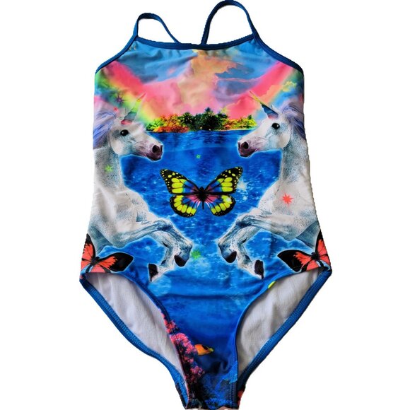 Justice One Piece Swimwear Unicorns Butterflies Adjustable Straps Multicolor 10 - Picture 1 of 10